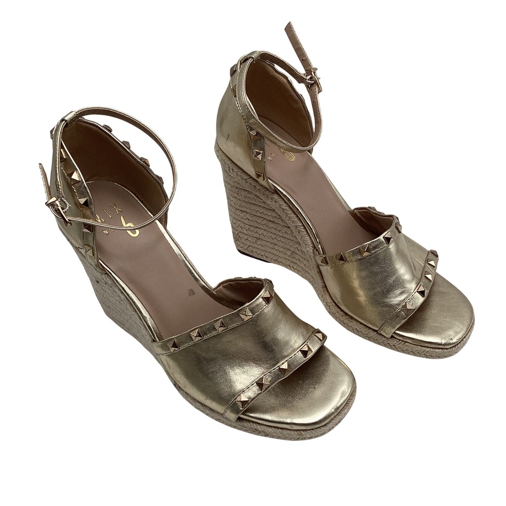 Mix No. 6 Womens Gold Studded Espadrille Wedge Sandals Ankle Strap Size 8M
